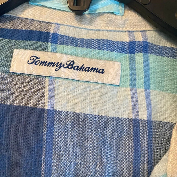 Tommy Bahama Large Preppy Blue Beach Coastal Cotton Tencel Button EUC Plaid - Picture 4 of 9
